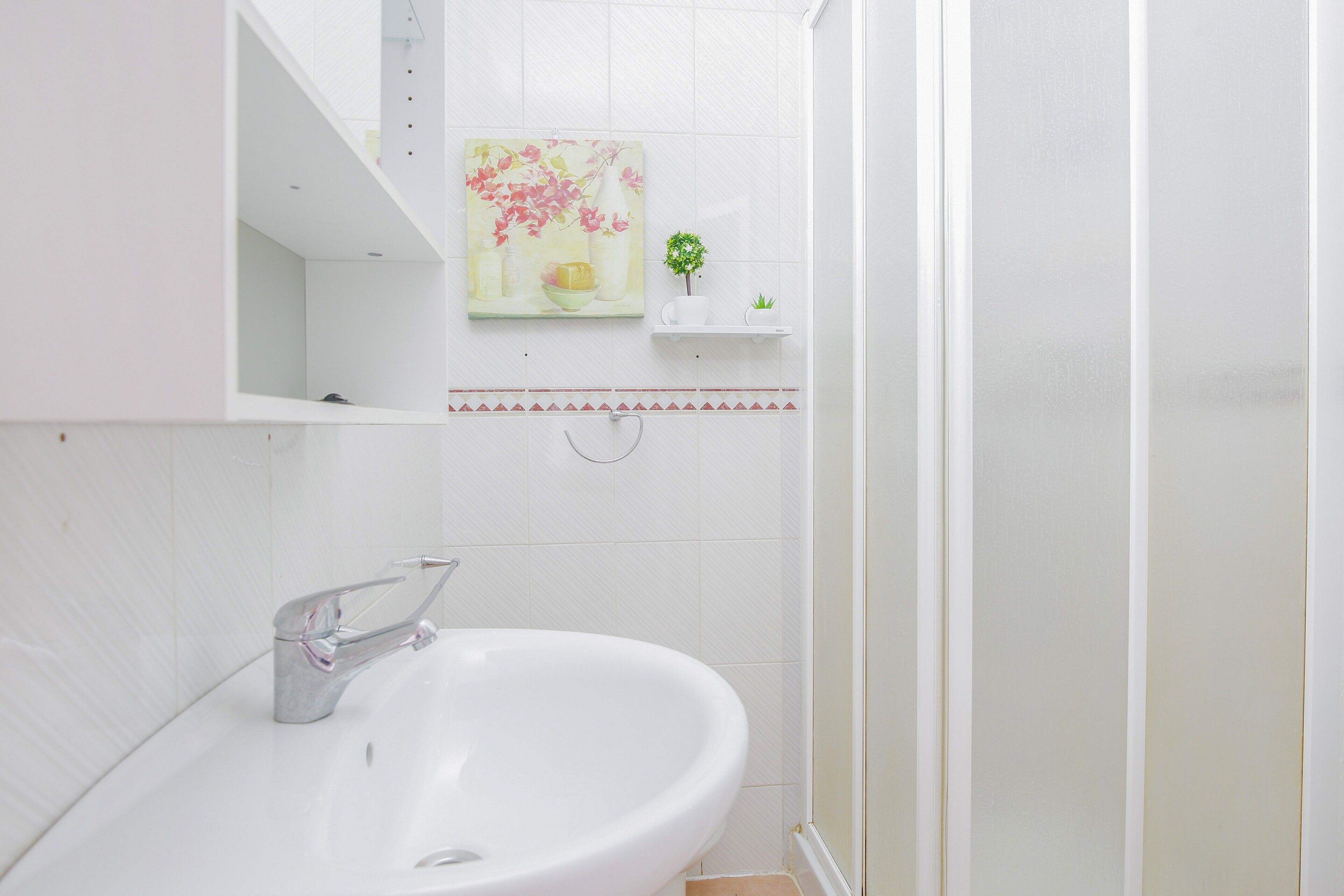 Chuveiro, secador de cabelo, toalhas de banho 