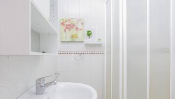 Chuveiro, secador de cabelo, toalhas de banho