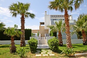 A modern house with a paved entrance, surrounded by palm trees and a well-maintained lawn.