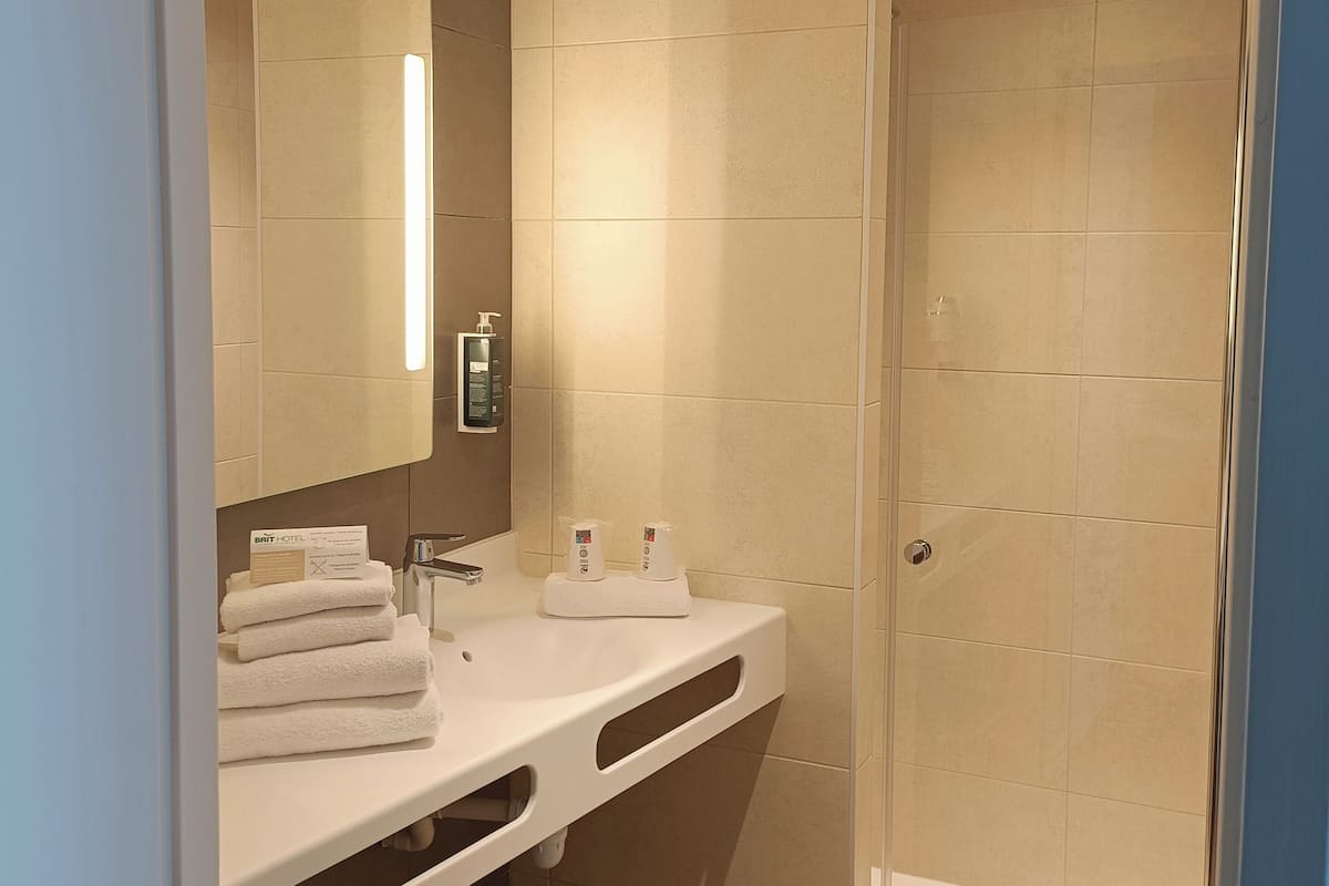shower, free toiletries, hair dryer, towels