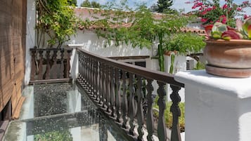 A glass balustrade with a metal railing, a potted plant, and a view of a building with a tiled roof and greenery.