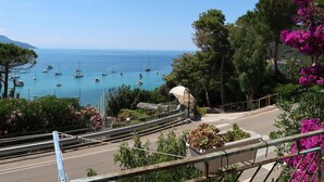 A coastal road with boats in the water, a metal guardrail, and a building with a white roof. - Nice apartment for 6 people with WIFI, TV, terrace and pets allowed (Portoferraio)