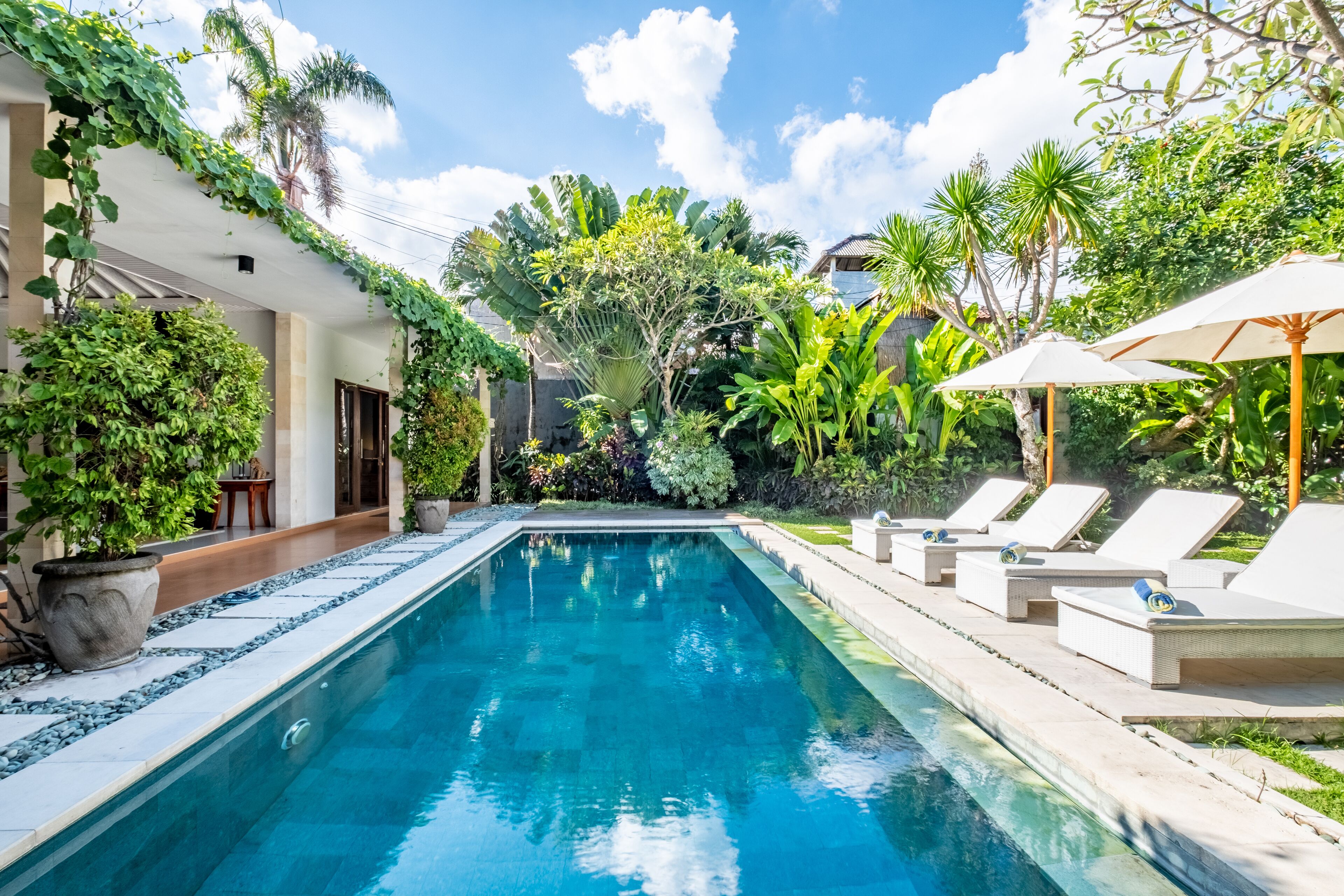 Una piscina rectangular con borde de azulejos, rodeada de sillas de descanso y sombrillas, con abundante vegetación y un cielo despejado al fondo.