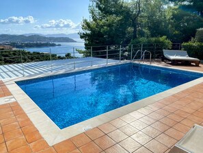 A rectangular pool with clear blue water, surrounded by a tiled deck. - Europa,2br,2bth Villa With Private Pool And Stunning Sea Views (Skiathos)