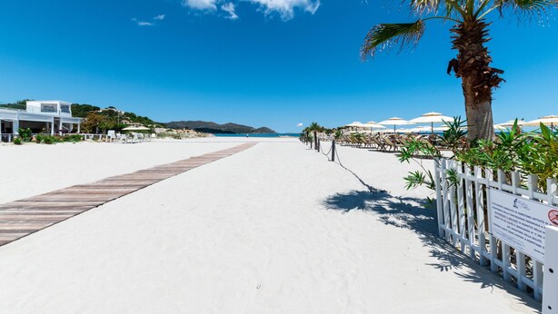 A beach pathway leading to a sandy beach with umbrellas and palm trees. - City apartment with balcony – Apartment Cavour Codice F (Villasimius)