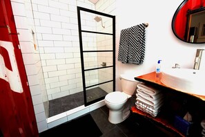 Shower, towels, soap, toilet paper
