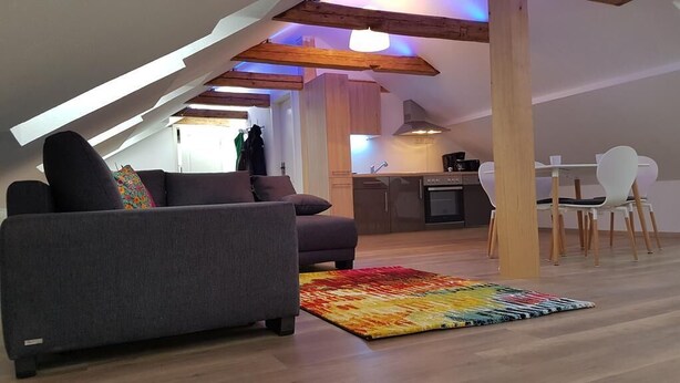 A modern loft apartment with a loft bed, a kitchen area, and a dining space. - Dresdner-Tag Hermann (Dresden)