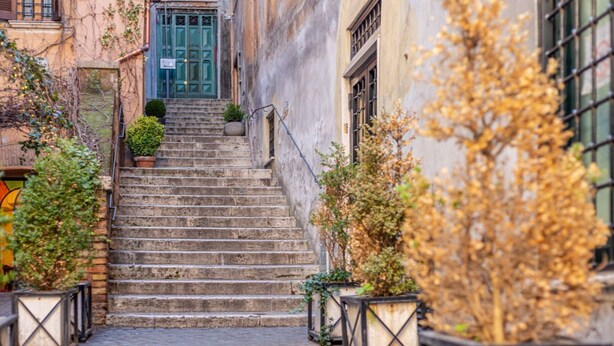 A narrow stone staircase leading to a building entrance, flanked by potted plants and a metal railing. - Suite Italy Roma - Luxury apartment in the heart of Rome (Roma)