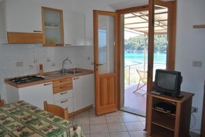 Une cuisine compacte équipée d’un évier, d’une cuisinière et de meubles en bois, un coin repas avec une table et des chaises, et un balcon avec un téléviseur.