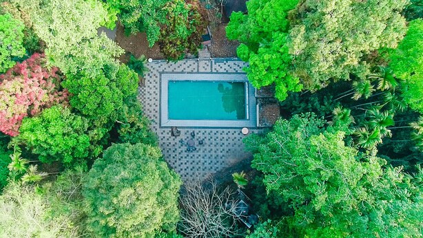 An aerial view of a swimming pool surrounded by dense greenery. - Vythiri Wild Forest Resort (Vythiri)
