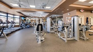 A gym with treadmills, weight machines, and free weights. - Heritage Oaks 2 Bedroom with Golf Course and Water Views (Sarasota)
