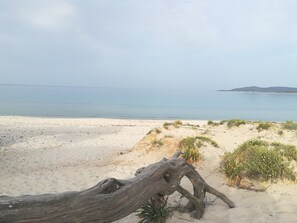 A sandy beach with a driftwood log in the foreground and a calm sea in the background.