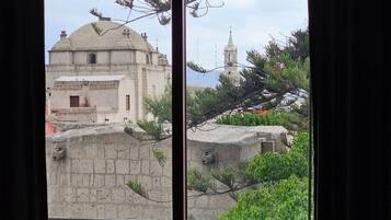 A view through a window of a building with a dome and a bell tower, with greenery in the foreground.
