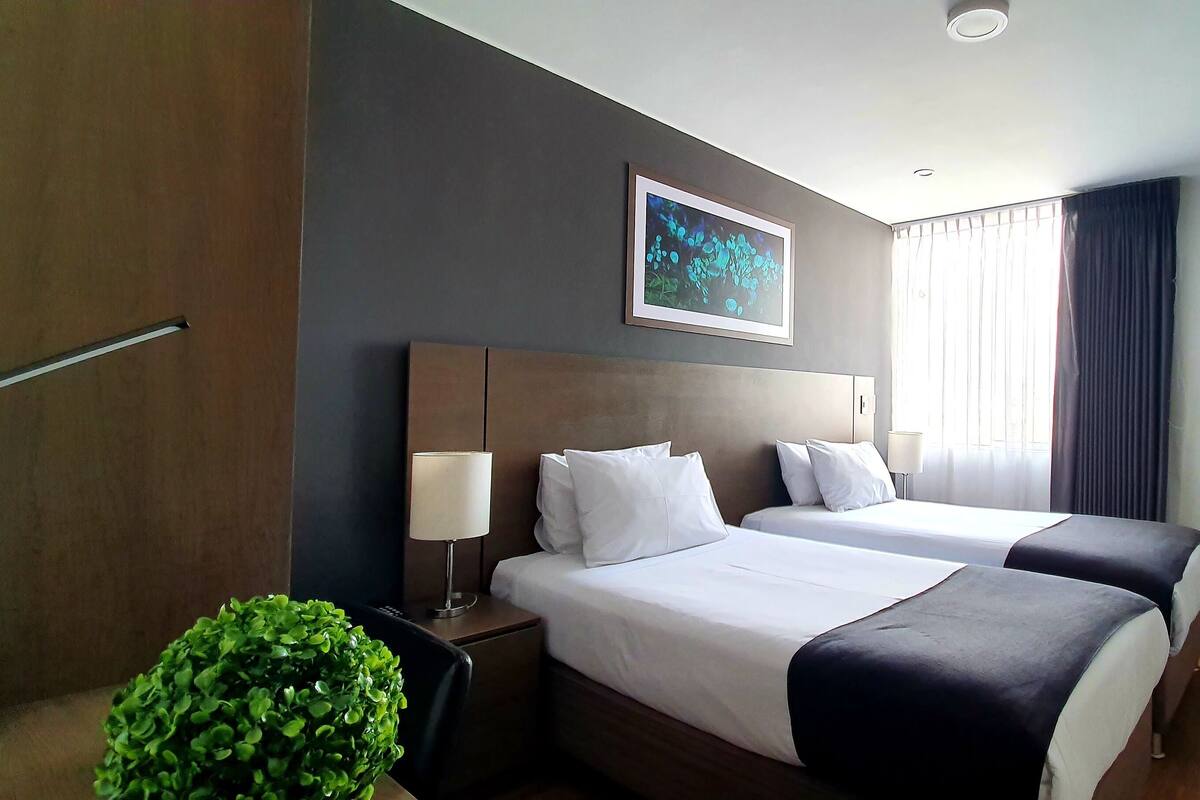 Een hotelkamer met twee bedden, een nachtkastje met een lamp, een ingelijst schilderij aan de muur, een potplant en een aan de muur bevestigde televisie.