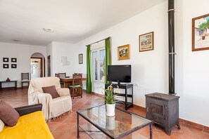 A living room with a sofa, TV, glass coffee table, and a wood-burning stove.