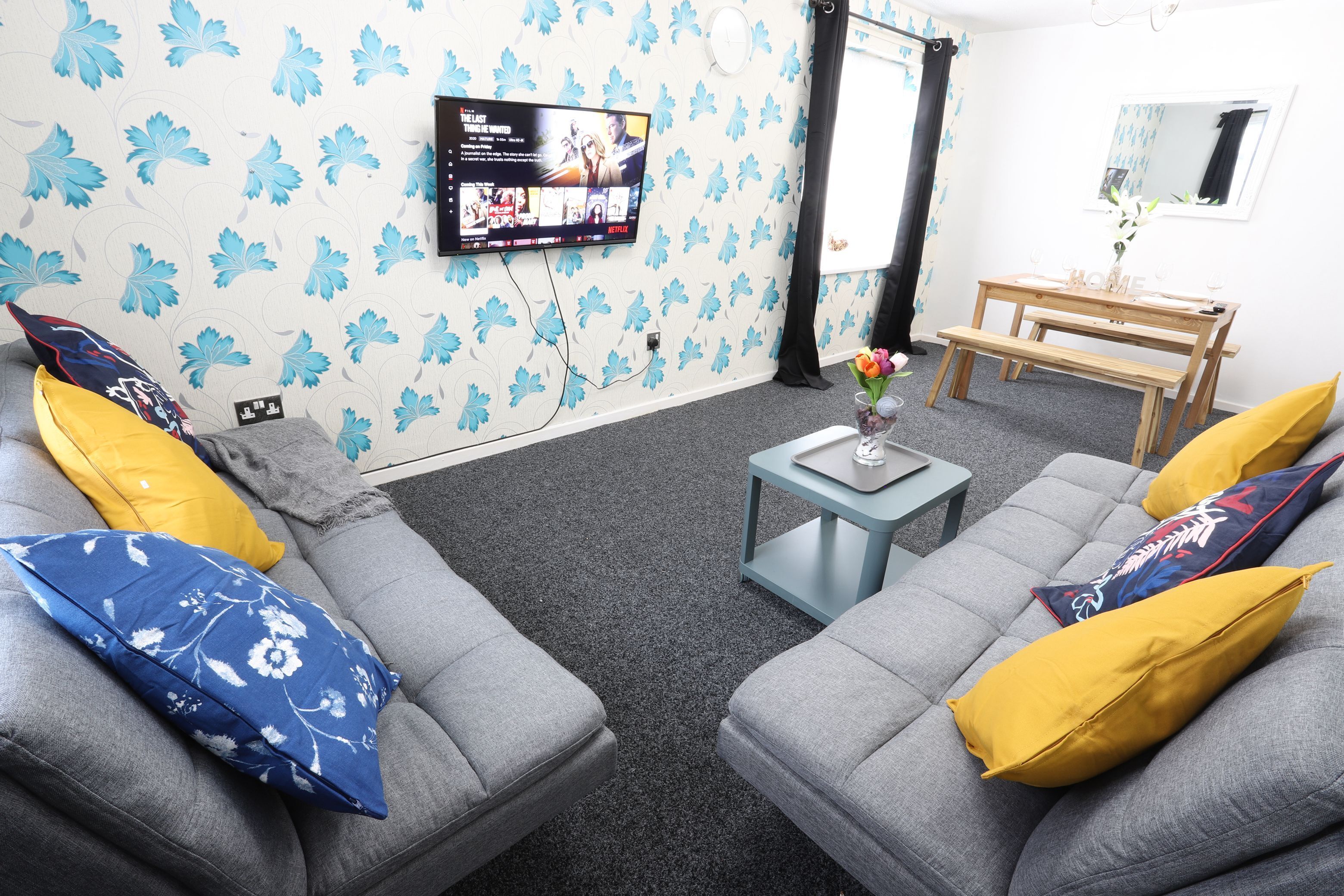 32-inch flat-screen TV with cable channels, TV