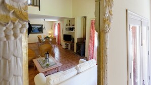 Un salon comprenant un canapé, une table à manger, des chaises, un téléviseur et une cheminée.