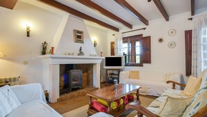 Een gezellige woonkamer met een open haard, een televisie en comfortabele zitplaatsen.