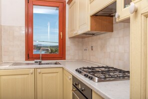 Una cucina con piano cottura a gas, lavello, mobili in legno e una finestra vista paesaggio.