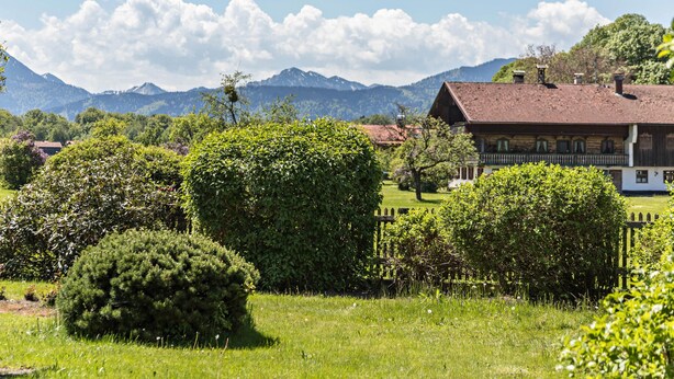 Ein traditionelles Chalet mit geneigtem Dach, umgeben von üppiger Vegetation und Bergen im Hintergrund.