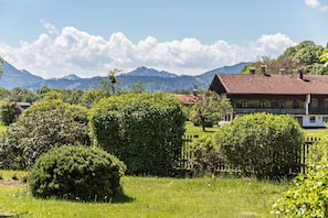 A traditional chalet with a sloped roof, surrounded by lush greenery and mountains in the background.