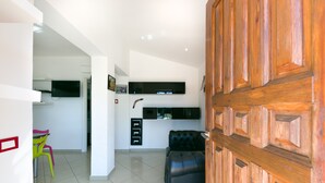 Un interior moderno con una puerta de madera, un sofá de cuero negro y un televisor montado en la pared.