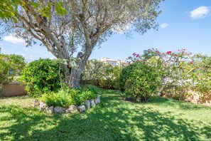 Un jardin avec un grand arbre, différentes espèces d’arbustes et un ciel bleu dégagé.