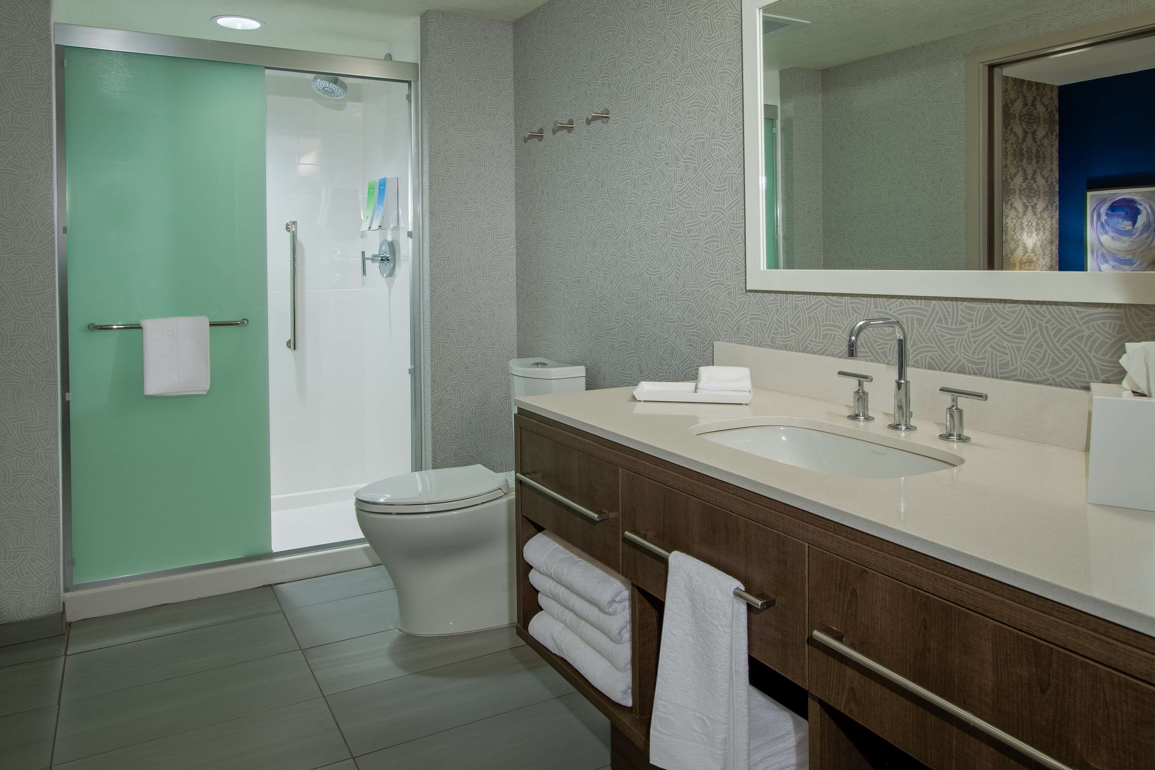 Un baño moderno con ducha, inodoro e lavamanos dobles.