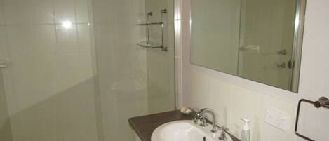 A bathroom with a glass shower enclosure, a white sink with a brown countertop, and a mirror above the sink.