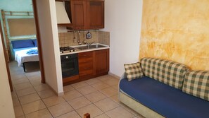 Une cuisine compacte équipée d’une cuisinière à gaz, d’un évier et de meubles en bois. Un canapé bleu avec des coussins à carreaux se trouve dans l’espace salon.
