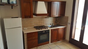 Una cocina con estufa a gas, horno, pileta y armarios de madera.