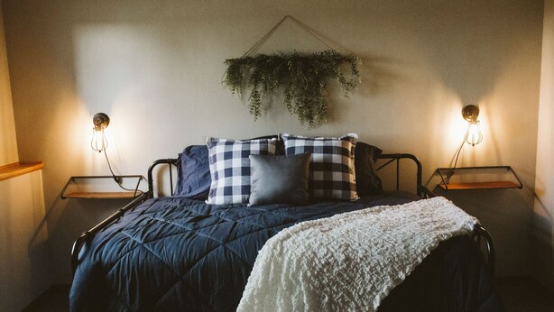 Un dormitorio con cama, dos mesitas de noche y una planta colgante.