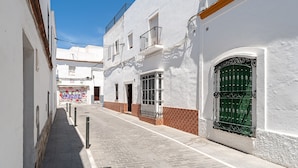 Une rue étroite bordée de bâtiments blancs, avec une porte verte et un trottoir pavé.