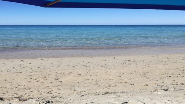 Ein Strand mit klarem Wasser, sandigem Ufer und einem blauen Sonnenschirm.