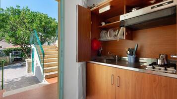 Fridge, stovetop, cookware/dishes/utensils