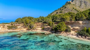 A coastal landscape with clear turquoise waters, rocky terrain, and dense green trees.