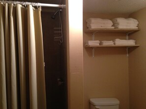 Shower, towels, soap, toilet paper