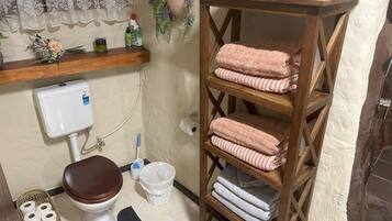 Une salle de bain comprenant des toilettes, une étagère avec des articles de toilette, une plante suspendue, une étagère en bois avec des serviettes et une poubelle.