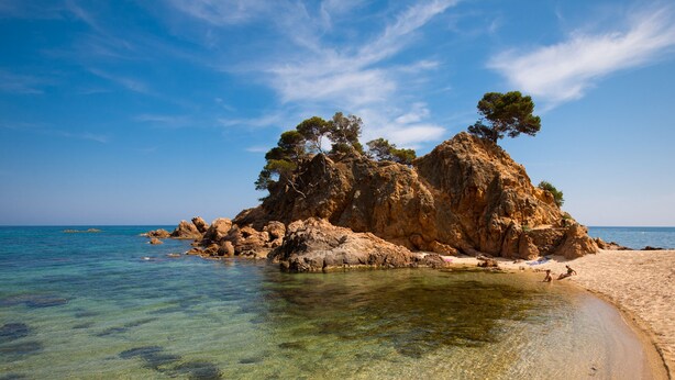 A rocky island with clear water and a sandy beach. - Estudis Laura (Castell-Platja d'Aro)