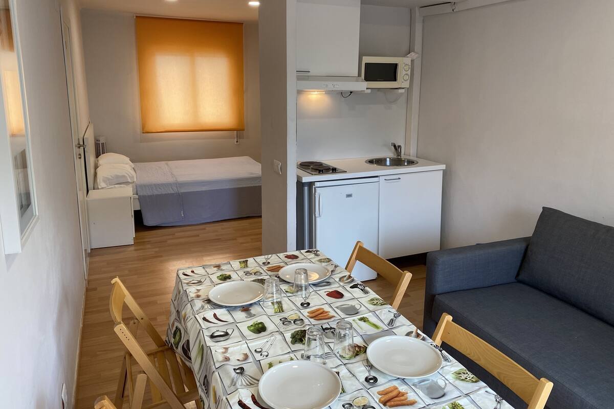 A compact living space with a kitchenette, a dining area, and a sleeping area.