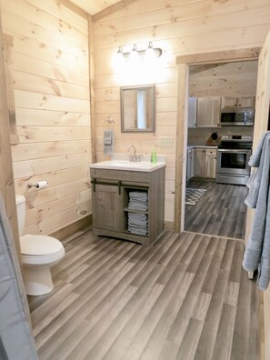 Shower, towels, toilet paper