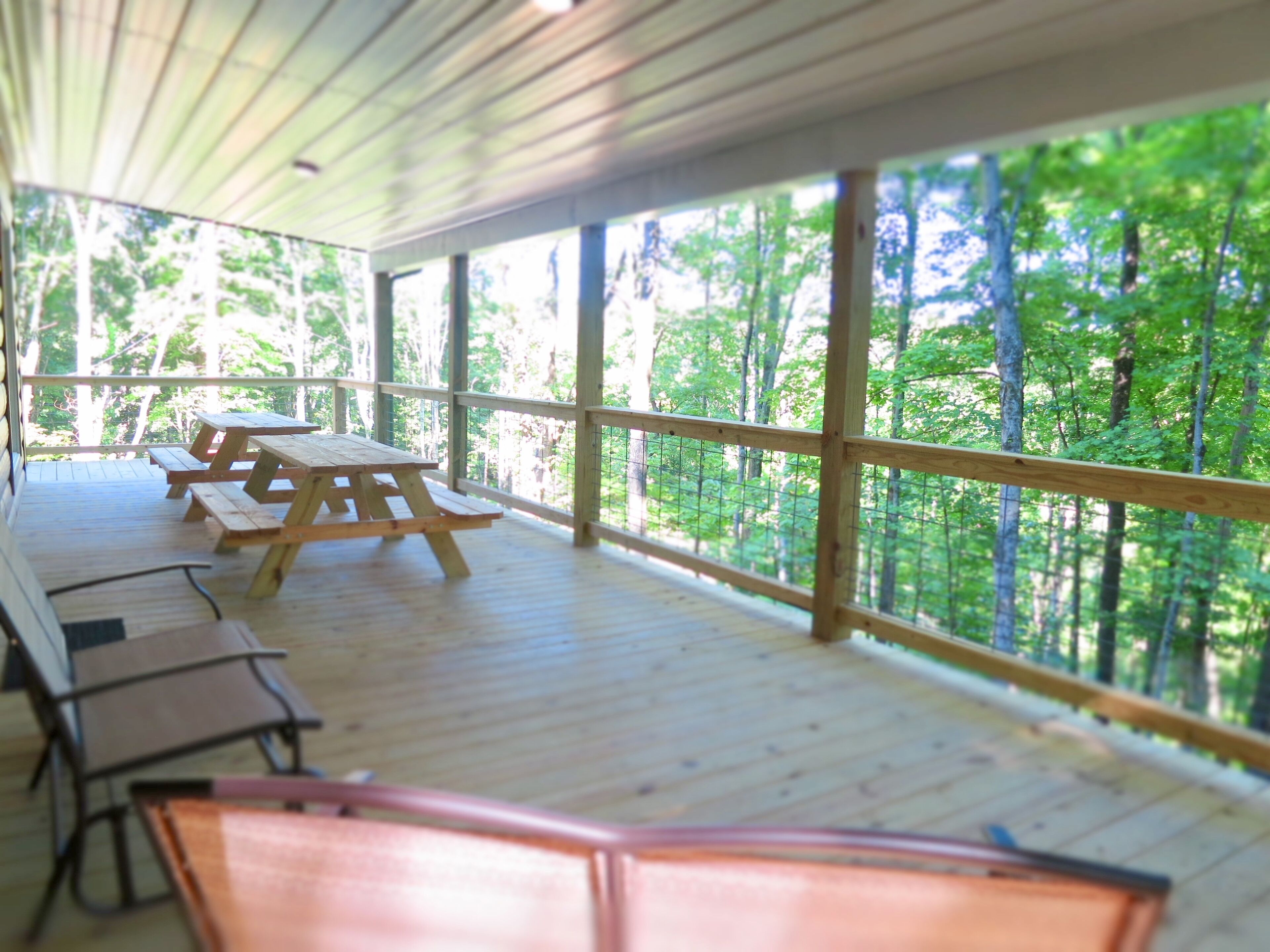An outdoor covered area with picnic tables and benches, surrounded by a wooden railing, overlooking a forest.