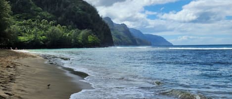 A beach with clear turquoise water, a sandy shore, and a forested hillside in the background.