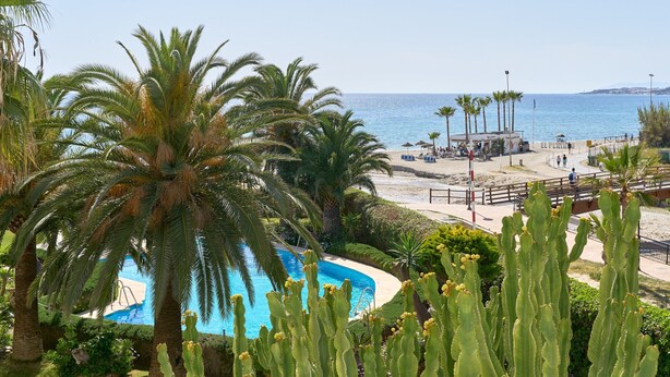 A pool surrounded by palm trees and cacti, with a beach and ocean view in the background. - Bright Apartment Estela Maris with Direct Beach Access (Nerja)