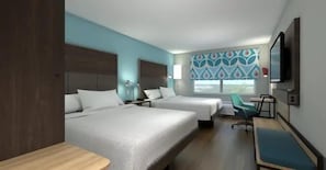 A hotel room with two beds, a desk, a chair, and a TV.