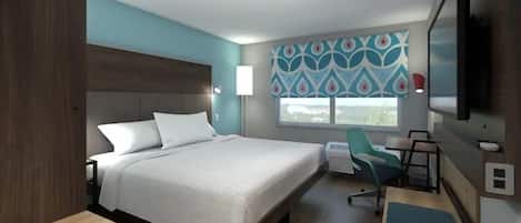 A hotel room with a bed, a desk, a chair, a TV, and a window with a view.