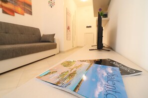 A living room with a sofa, a magazine on the floor, and a radiator in the background.