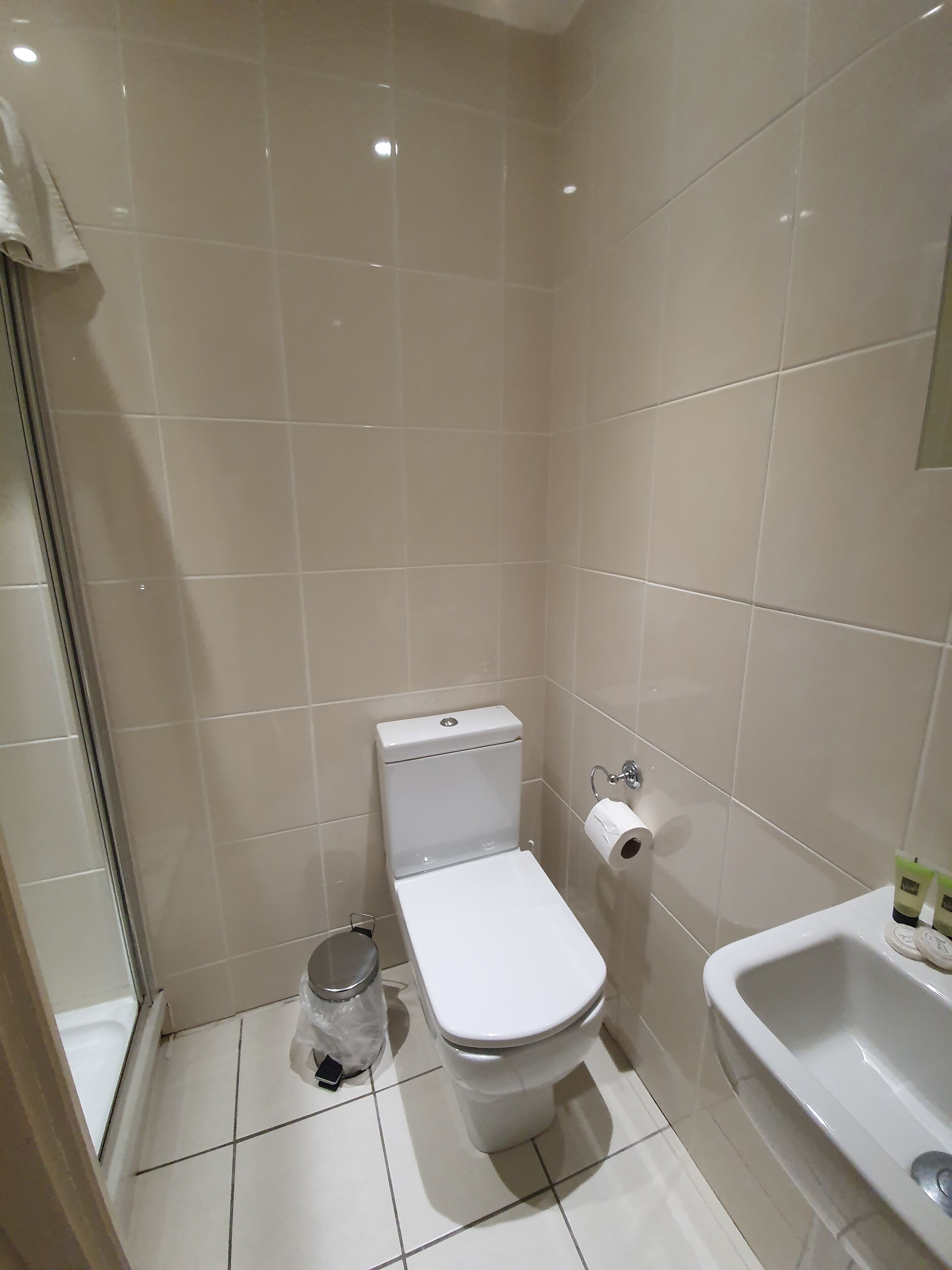 Un baño pequeño y limpio con inodoro, un bote de basura y un lavamanos.