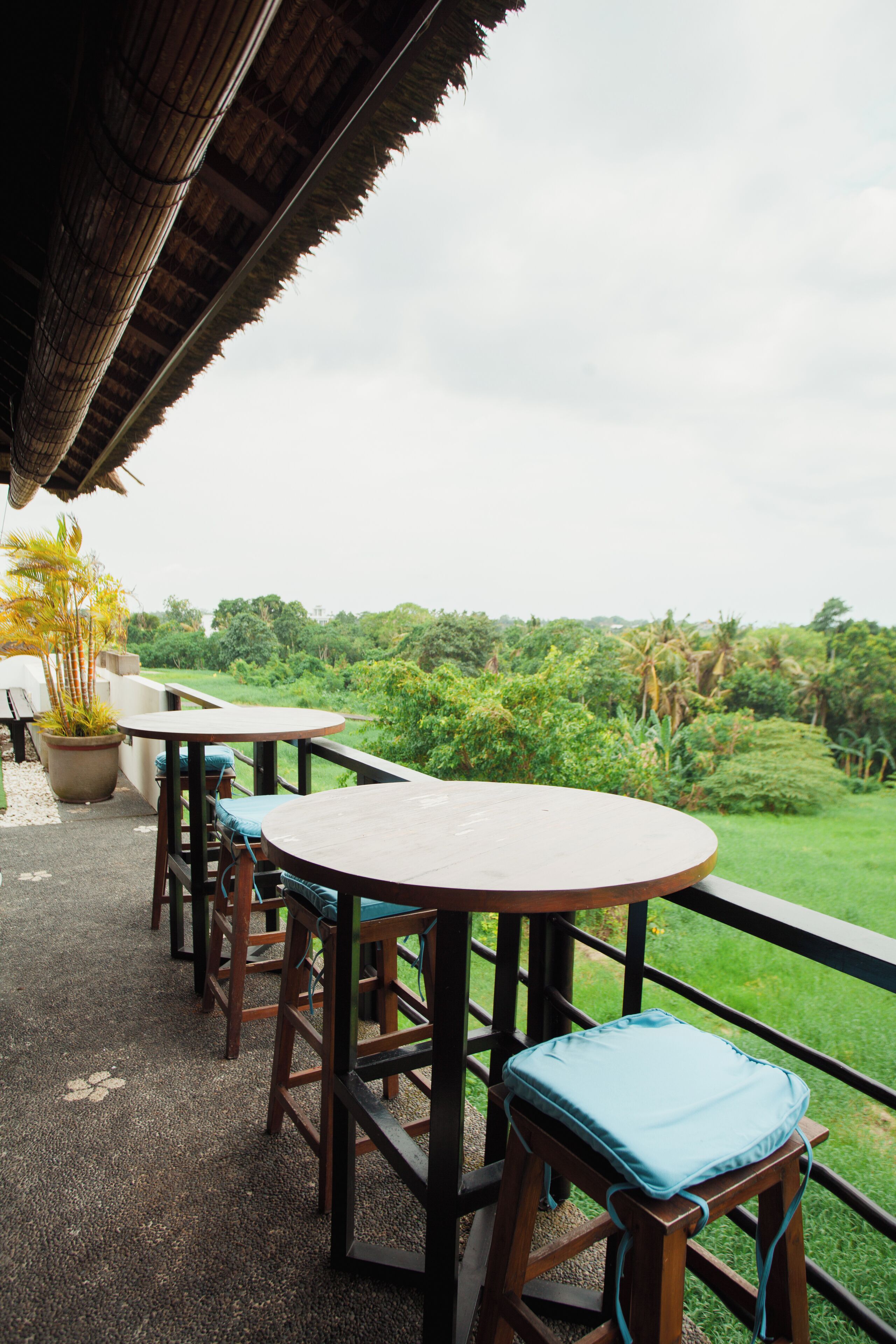 Une terrasse dotée de mobilier en bois et offrant une vue sur un paysage luxuriant.