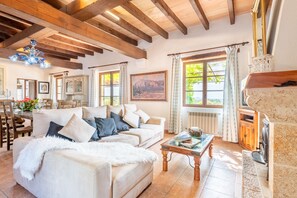 Una televisión, una chimenea, un reproductor de DVD